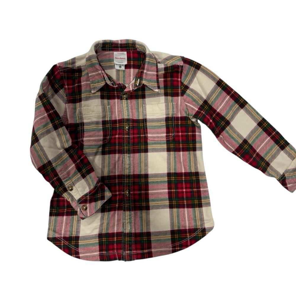 Hanna Andersson Holiday Plaid Flannel Shirt | Red Green Tartan | Boys 5